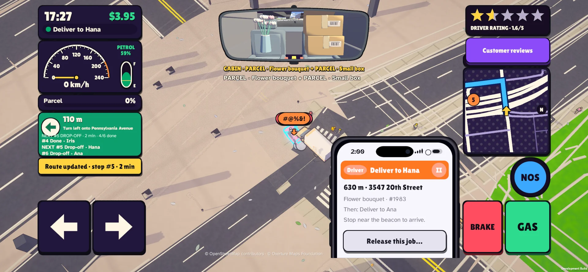 Actual iPhone parcel-delivery gameplay with cargo visible in the rear-view mirror.