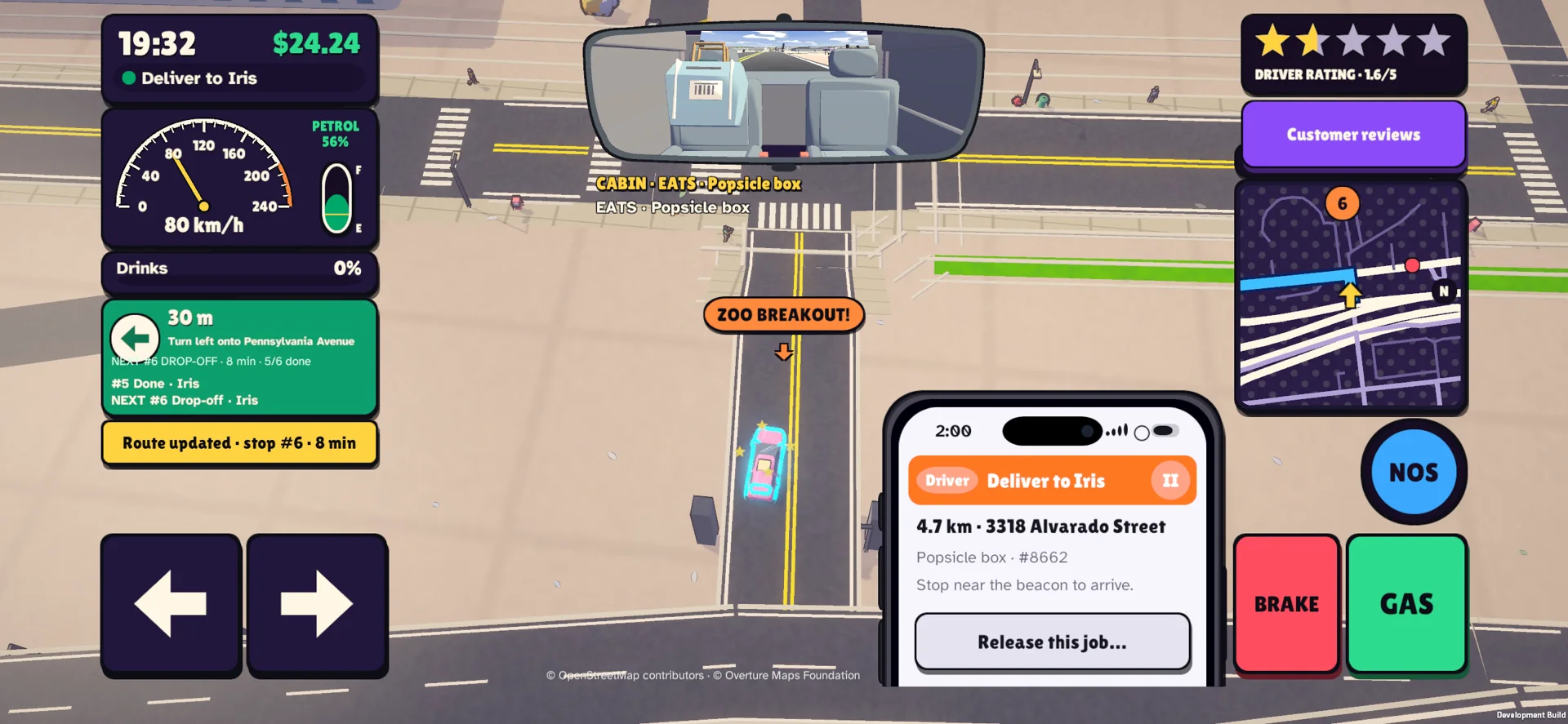 Curbwild on iPhone: food delivery, a rear-view cabin mirror, numbered navigation, and a zoo-breakout detour.
